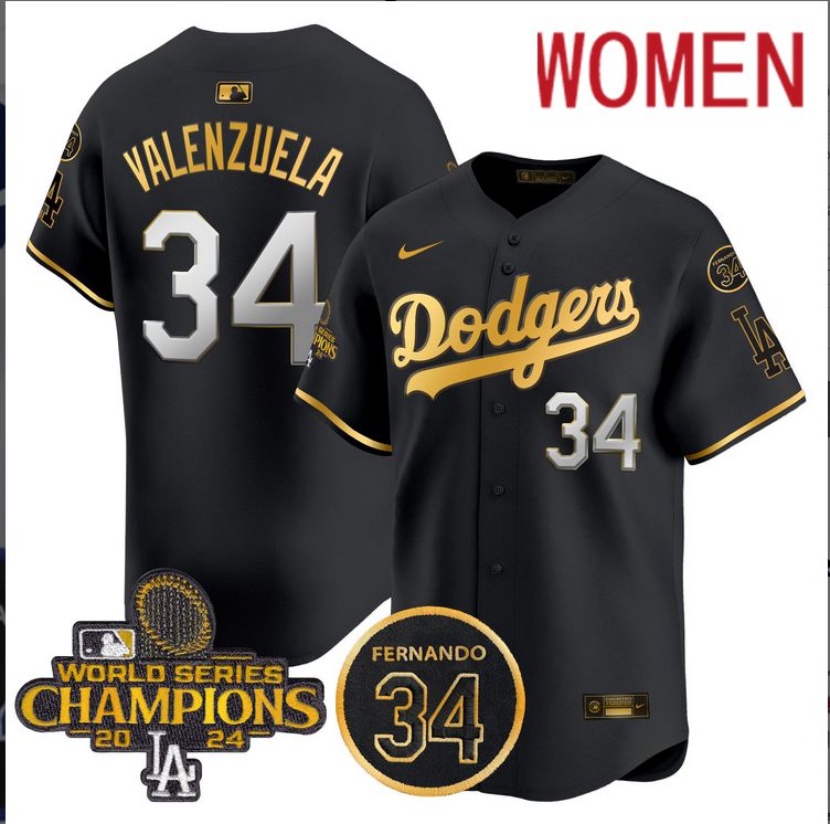 Women MLB Los Angeles Dodgers 34 Valenzuela black 2024 World Series Champions Patch Limited Jersey